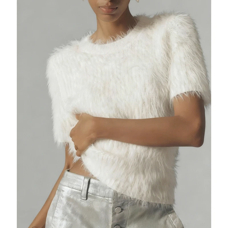 

Женские пушистые укороченные свитера Y2k, нечеткие пушистые с короткими рукавами и круглым вырезом, повседневный трикотаж, пуловер, джемпер, топы, уличная одежда