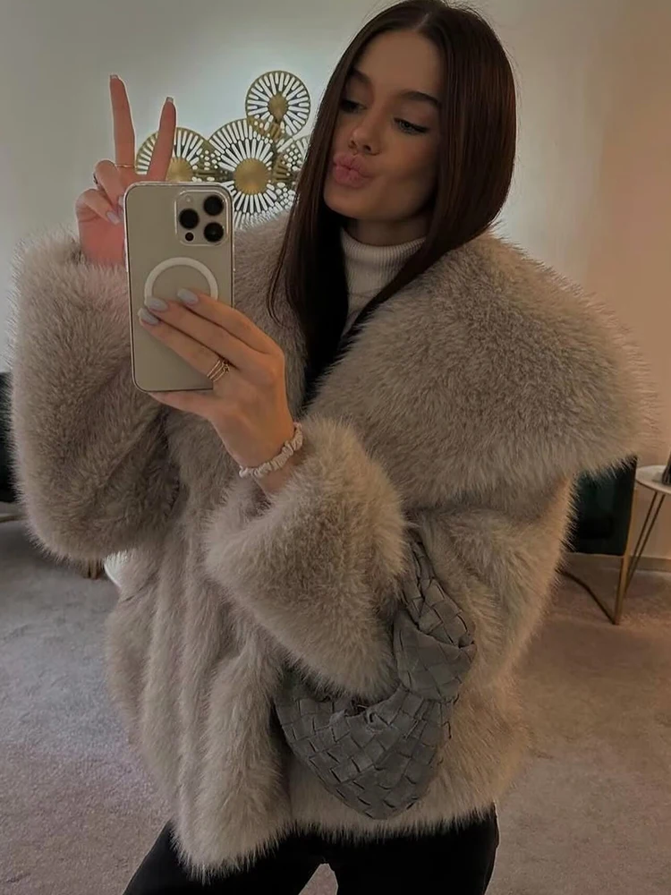 TRAF 2024 Women Fashion Warm Faux Fur Jacket Coat Female Pocket Outerwear Chic Lapel Collar Thick Coat