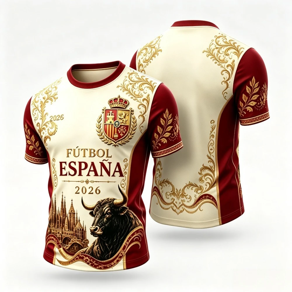 Men Spain Espana Soccer T-Shirt Vintage Golden Bull Cathedral Graphic Casual Short Sleeve Sports Jersey view 3