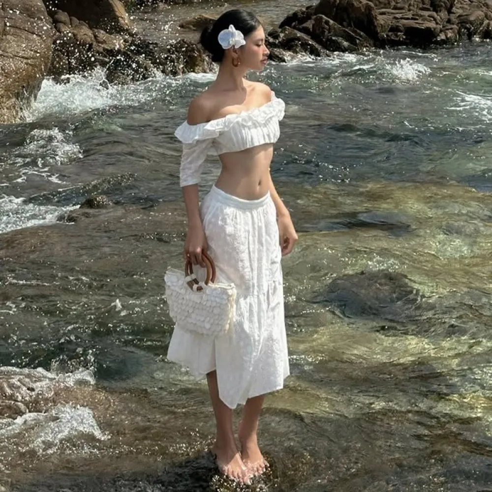 

SylCue сексуальный кружевной комплект из 2 предметов, женский комплект с оборками, разрезом на шее и пупком, открытые топы с открытой спиной + юбки средней длины с низкой талией, праздничный комплект в пляжном стиле