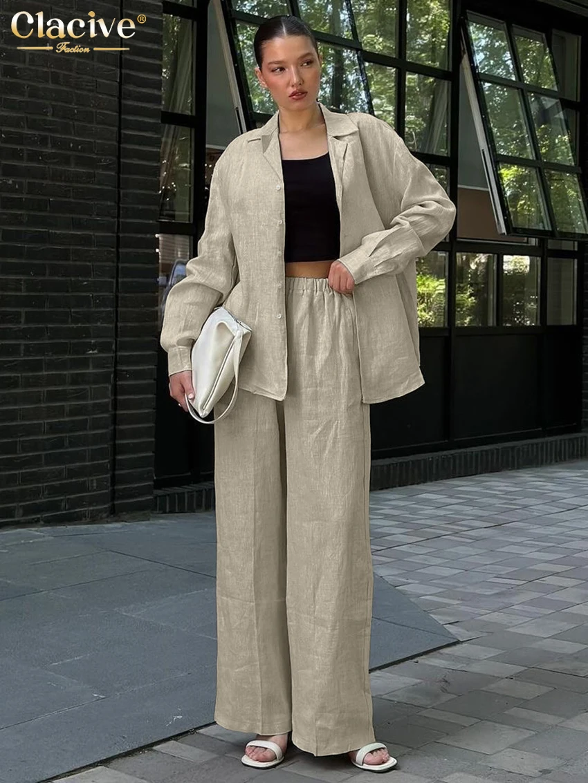 

Clacive Fashion Loose Beige Cotton Two Piece Outfits Woman 2025 Elegant Long Sleeve Shirt With High Waist Wide Pants Set Female