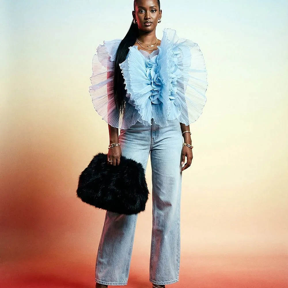 

Небесно-голубые женские топы с оборками, пышный вечерний топ нормальной длины, 20256, новые модные праздничные топы