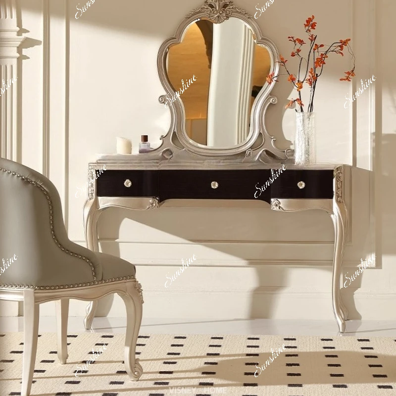 

French medium and small apartment master bedroom solid wood dresser carved dressing table and chairs