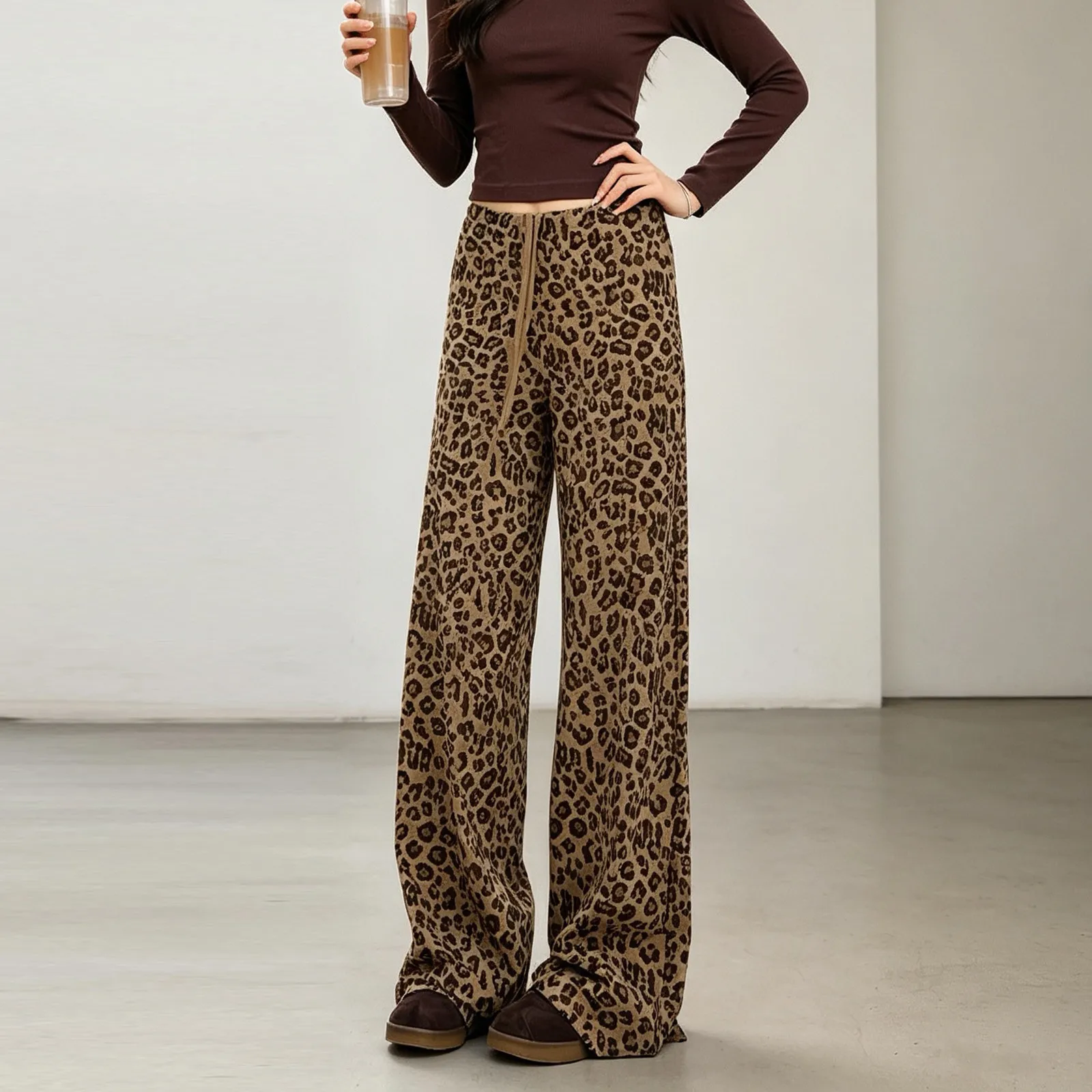 Leopard Print High-Waisted Straight-Leg Yoga Pants for Women Loose Drape Sports Fitness Slimming Leggings