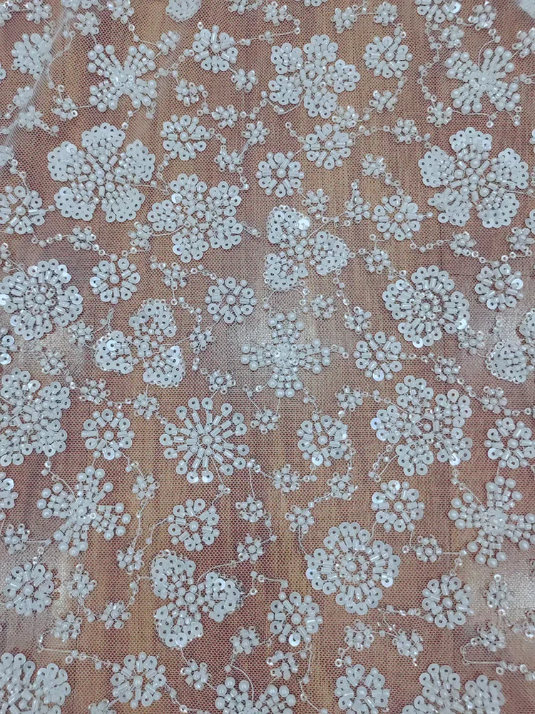 Fashionable High Quality Lace Shining Sequins Fabric Flower Pattern With Beaded Wedding Dress Luxury Lace