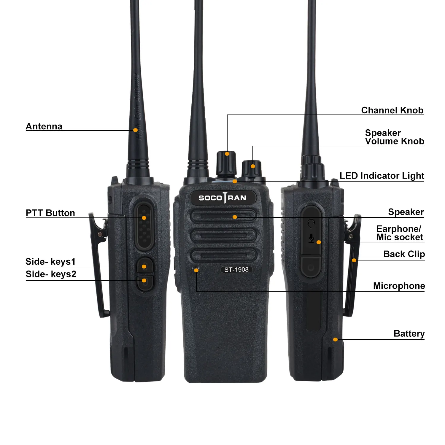 SOCOTRAN ST-1908 Commercial FM Two Way Radio UHF400-520MHz 7W 16CH 2200mAh Type-C Charging Walkie Talkie