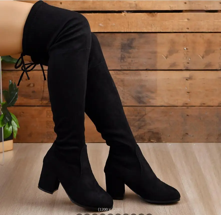 

Fashion Faux Suede Female Heels Autumn Winter Elastic Knee-high Boots Women Tube Lace-up Thigh High heeled thick heeled Boots