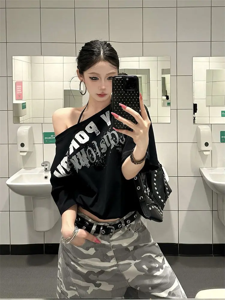 Kimotimo Street Letter Print Off Shoulder T-shirt Women American Retro Short Sleeve Fashion Tees Summer Spicy Y2k Aesthetic Tops