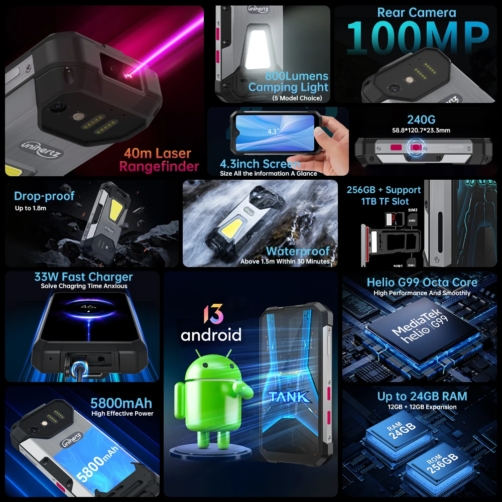 Imagem -02 - Mini Telefone Robusto Display de 43 Andróide 13 Helio G99 Octa Core 16gb 256gb Câmeras 100mp 5800mahip68 Tanque 8849 Unihertz-mini1