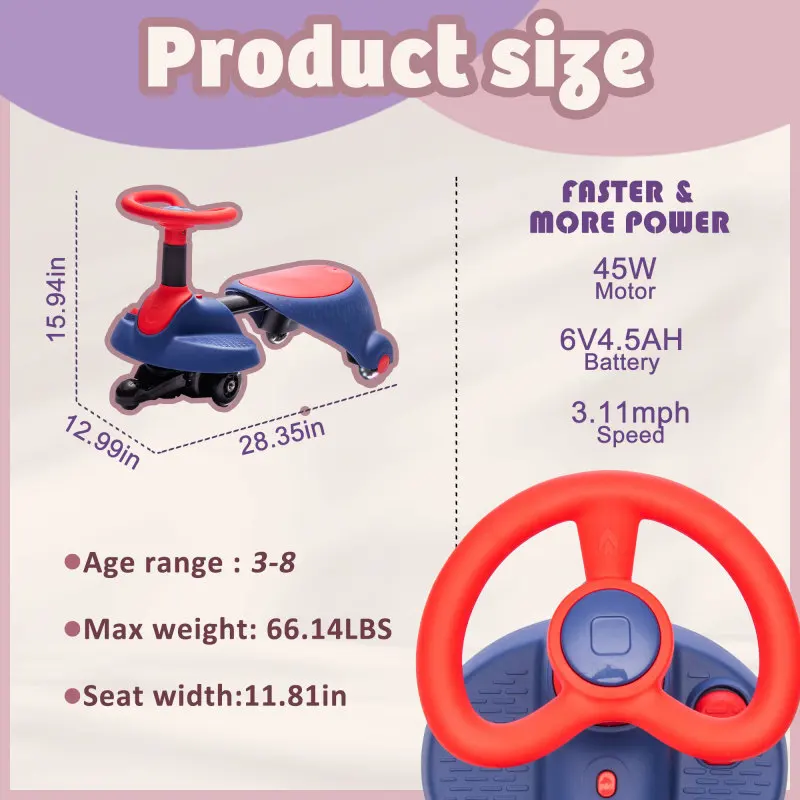 Enfants 6V Ride On électrique Wiggle Bluetooth voiture clignotant absorbant les chocs roues en polyuréthane rétractable volant rotation 360 °