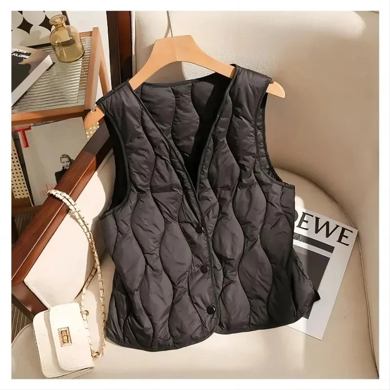 Gilet en duvet à col en V pour femme, chaud, coréen, simplicité, polyvalent, ériques, automne, hiver, mode, nouveau