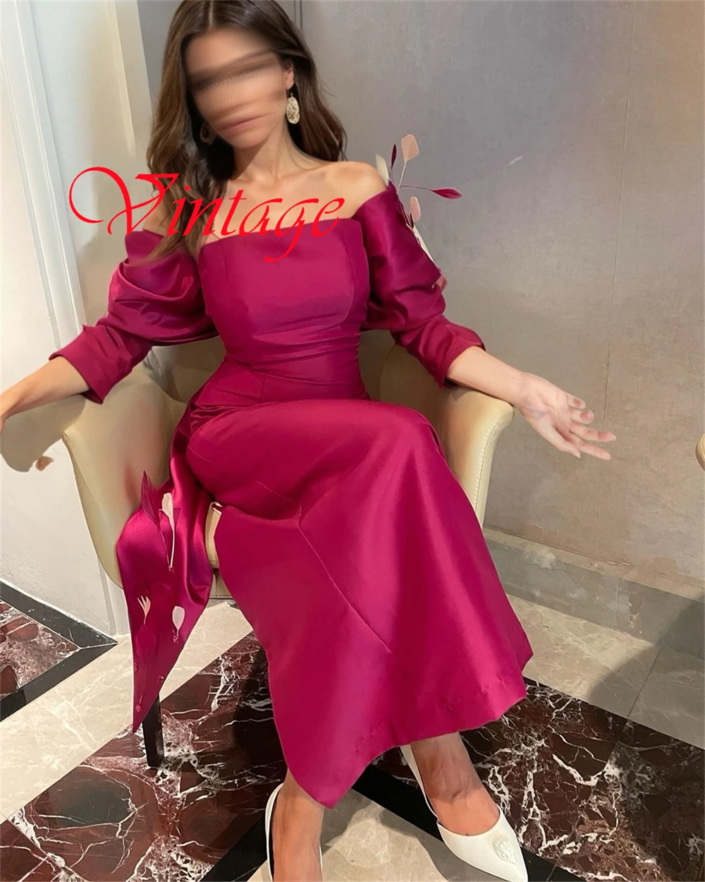 

Customized Exquisit Rose red Satin Evening Dress Elegant Strapless Off the Shoulder Half Sleeves Bow Fashion Occasion Gowns