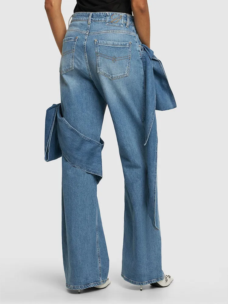 TWOTWINSTYLE Streetwear Patchwork Lace Up Denim Pant per le donne pantaloni a gamba larga firmati con bottoni impiombati a vita alta stile femminile