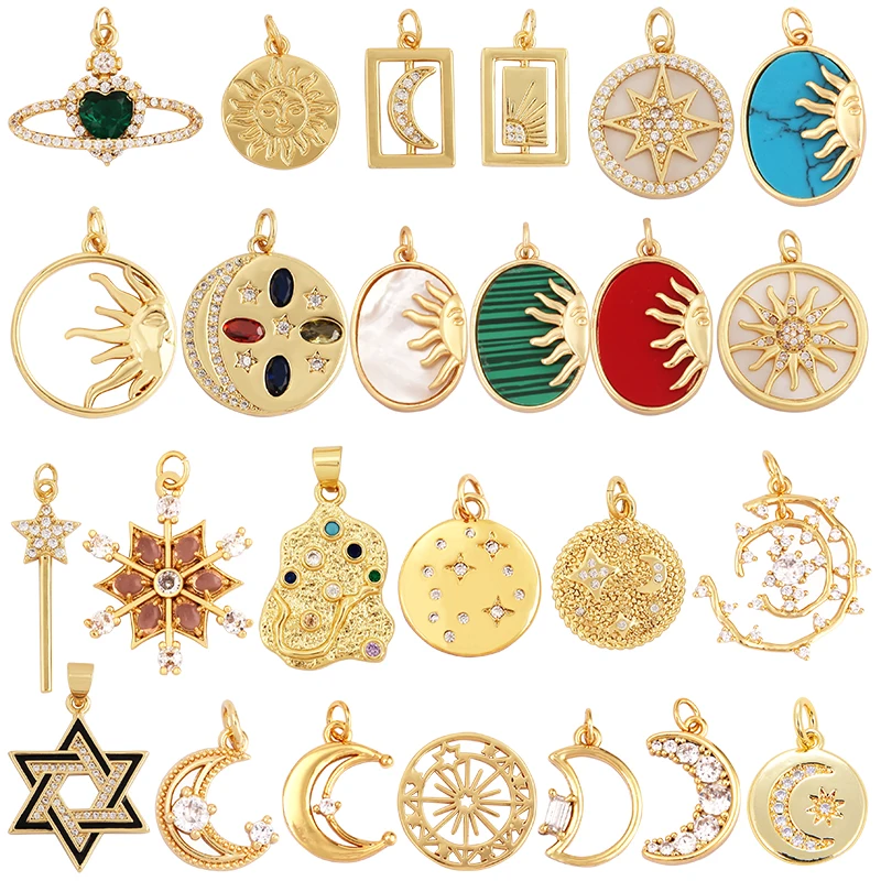 Trendy Sun Apollo Moon Star Shell Charm Pendant,Real Gold Plated Cubic Zirconia Paved,Jewelry Necklace Bracelet Accessories M56