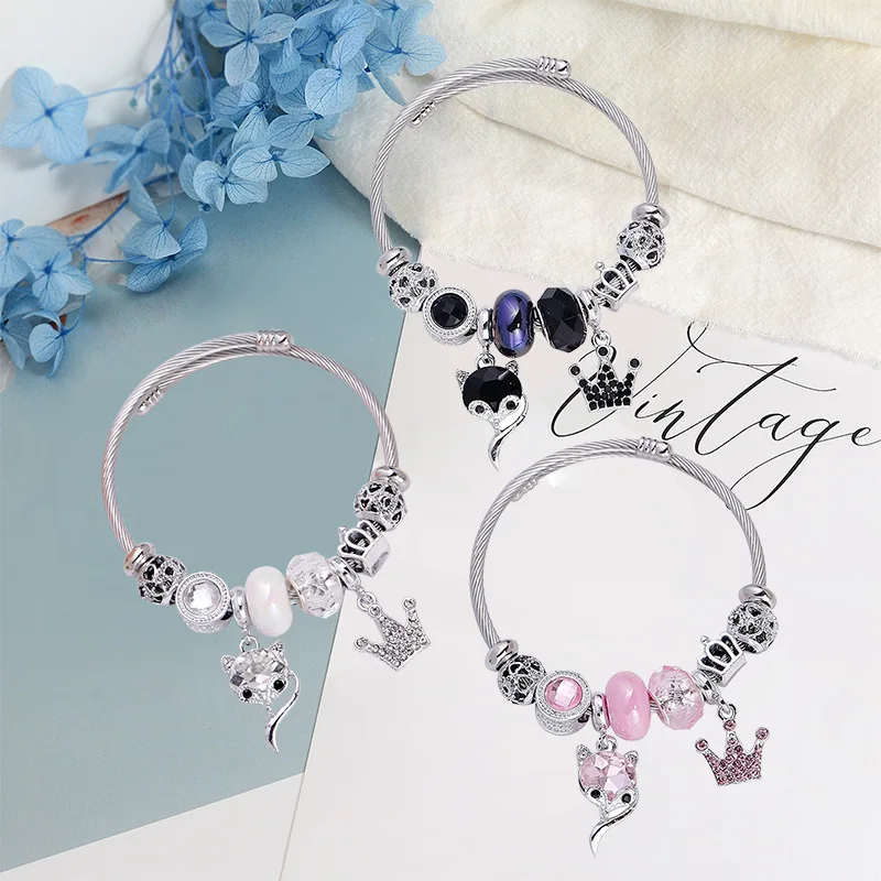 Fashion Crystal Fox Crown Beads Charm Bracelets for Women Girls Stainless Steel Bangle Vintage Accessories Jewelry Gifts