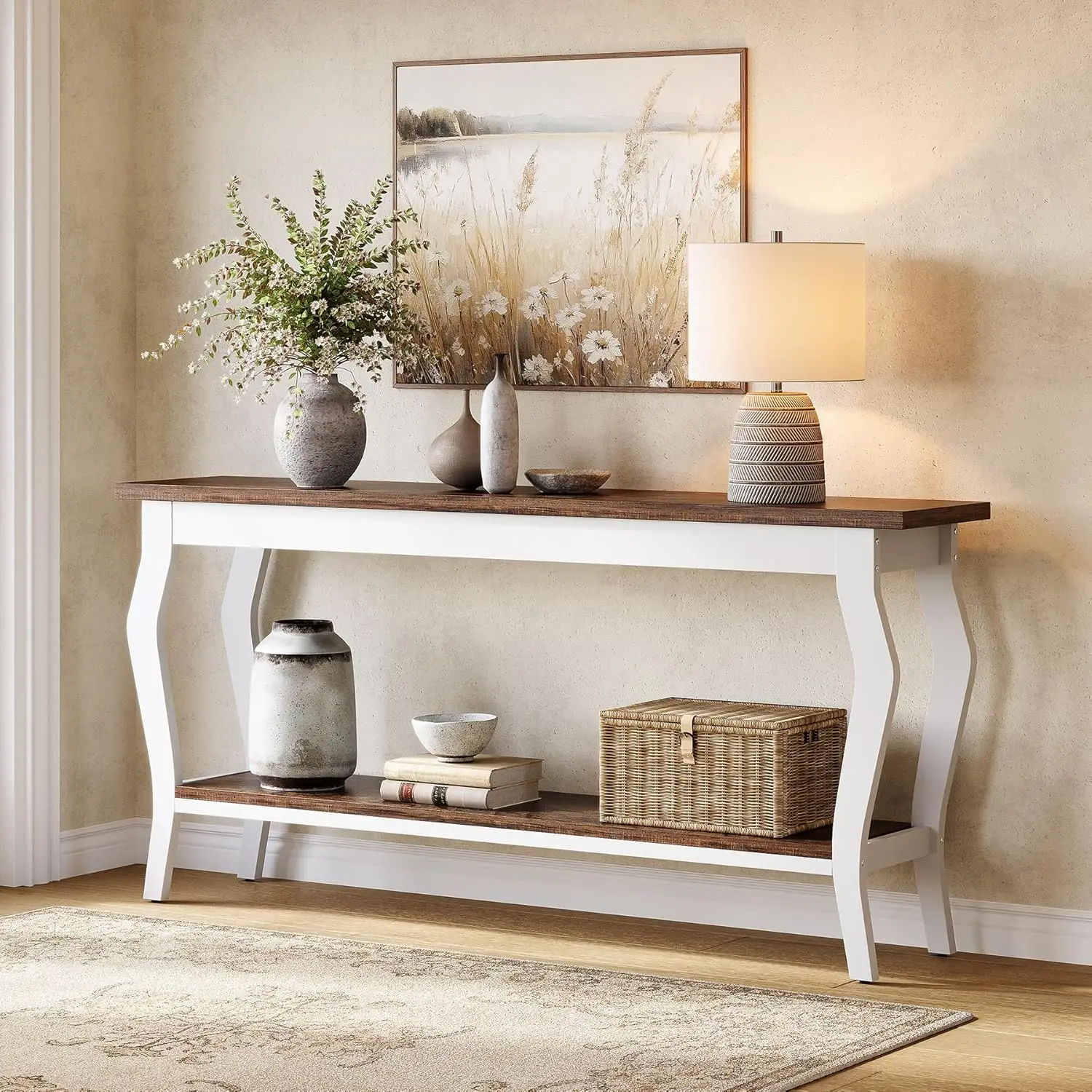 

70.9 Inches Long Console Table, 2-Tier Vintage Wooden Sofa Table Behind The Couch with Metal Legs for Hallway, Entry