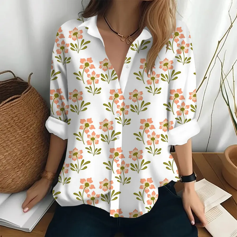 Summer Women\'s Shirt Long Sleeved Lapel Top Flower Pattern Casual Large Button Clothing Elegant and Fashionable Shirt