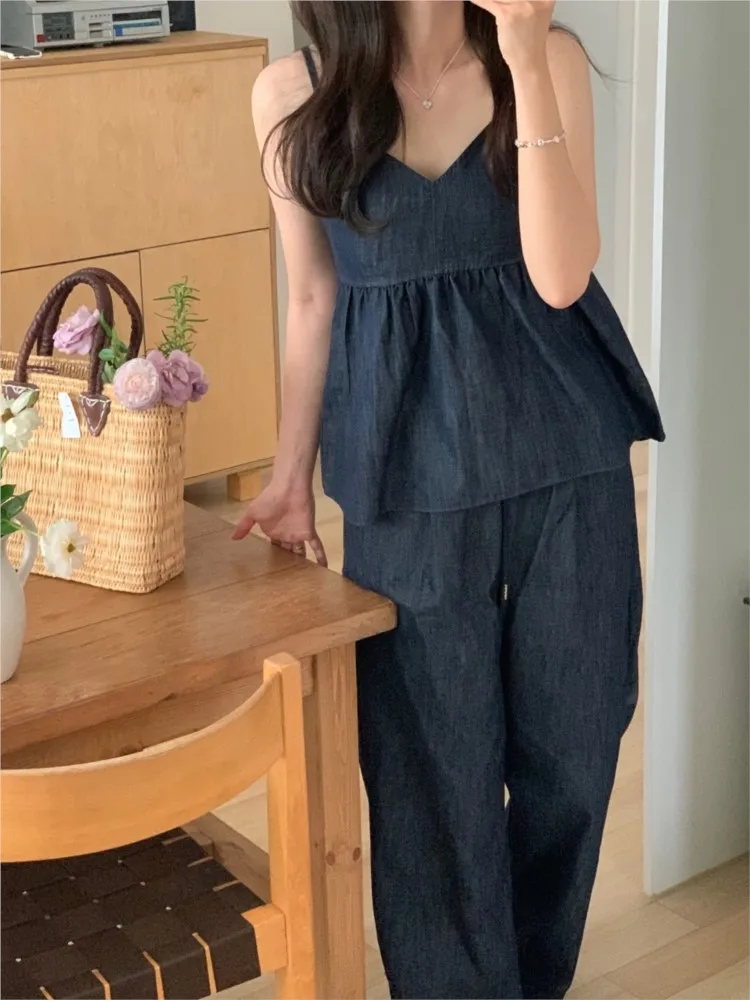 Denim Summer 2 Two Piece Set Women Sleeveless Fashion Ruffle Ladies Cropped Slip Tops Casual Loose Korean Woman Wide Leg Pant