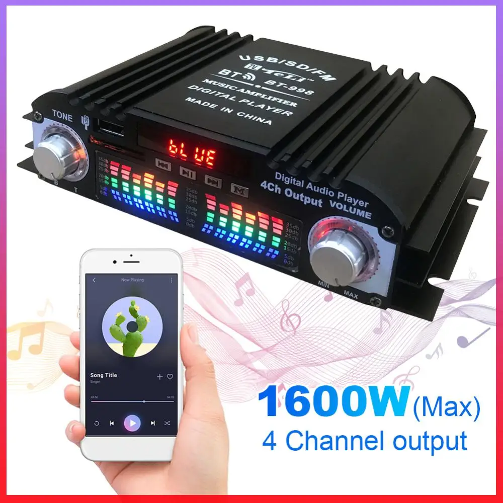 

1600W Peak Power 4 Channel HiFi Stereo AMP Remote Control Bluetooth-Compatible Digital HIFI Audio Stereo Power Amplifier FM USB