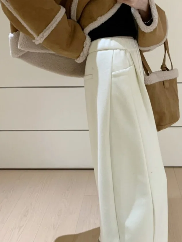 الكورية Sle المرأة الخريف الشتاء بنطال ذو قصة أرجل واسعة ثنى الموز السراويل عالية الخصر التخسيس العصرية السراويل المعكرونة الأرز