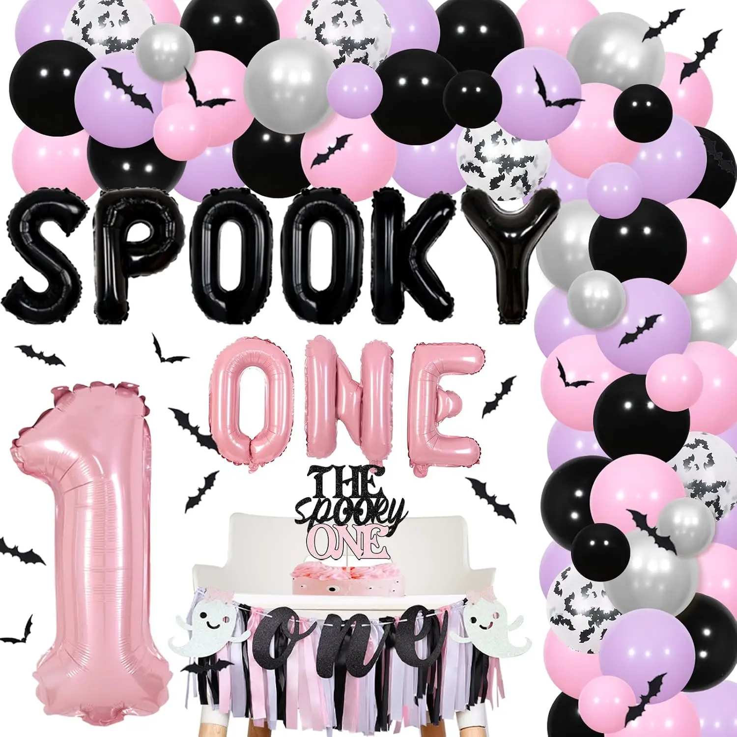 Halloween 1st Birthday Party Decorations Girl, Spooky One Balloon Garland Kit Pink and Purple, The Spooky One High Chair Banner, Cake Topper, 3D Bats Wall Stickers for First Bday Party Supplies
