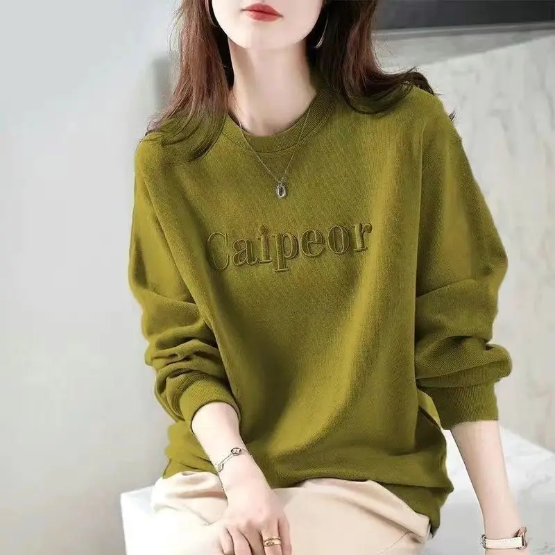 Simplicity Casual Autumn Winter Women\'s O-Neck Solid Letter Embroid Fashion Trend Versatile Loose Long Sleeve Sweatshirts Tops