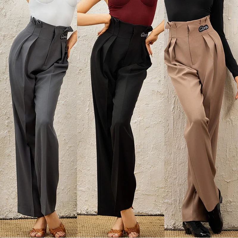 

Latin Dance Pants Black Grey Ballroom Dance Trouser Women Latin Training Dance Wer Loose Straight Pants Line Dance Costume 2966