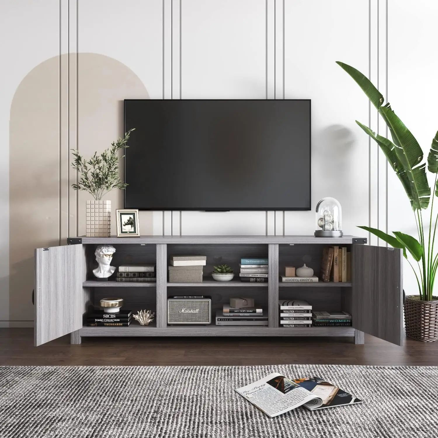 Farmhouse TV Stand com armários de armazenamento, mesa de console, 2 portas de celeiro, moderno, até 65 + Polegada