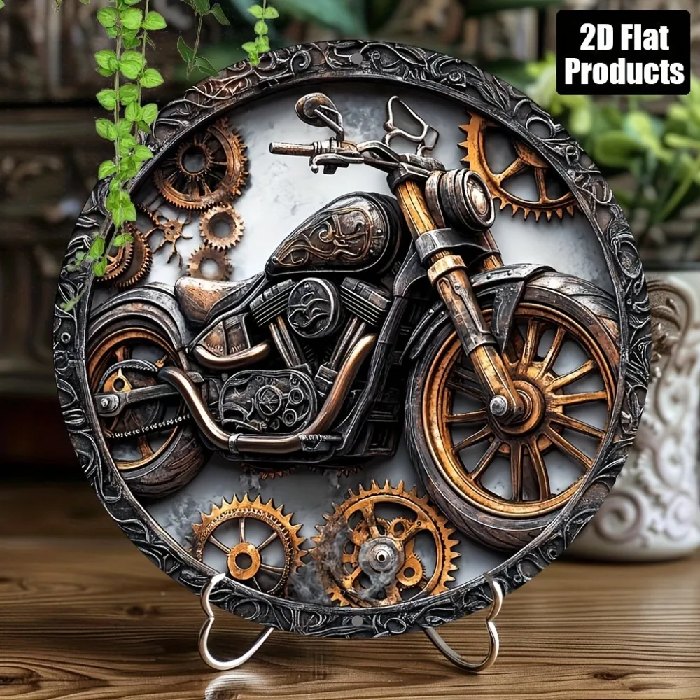 علامة معدنية عتيقة للدراجة النارية - فن دائري مسطح ثنائي الأبعاد مقاس 8 × 8 بوصة مع سلسلة وتروس، مثالية للبار/المنزل، هدية عيد الميلاد للراكبين #6