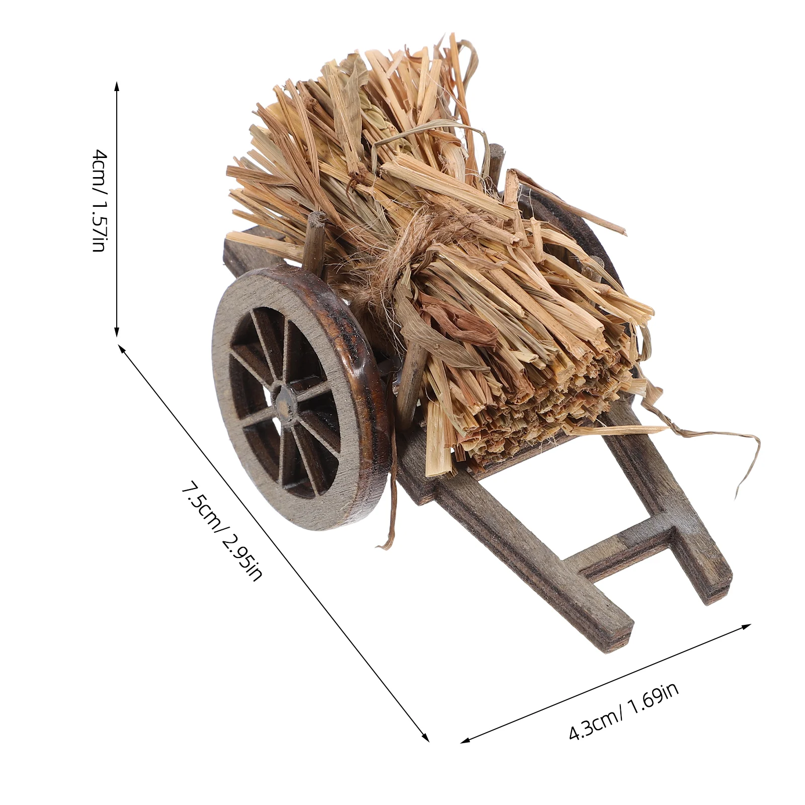 Carrello per layout di scene di micro paesaggio da giardino Piccolo modello di balle di paglia Decorazioni per la casa Carriola in legno in miniatura Fieno