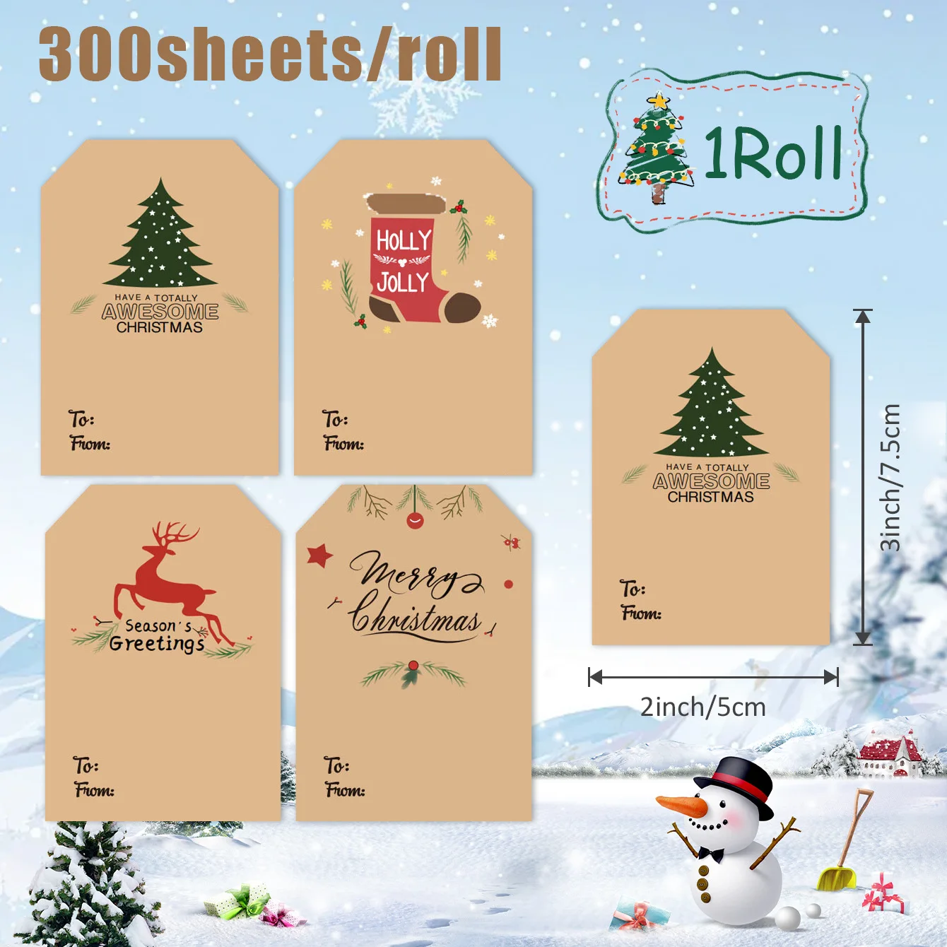 80-300pcs Chirstmas Gift Tags, Xmas Kraft Gift Tags Stickers Name Labels, Christmas Decorations (50x75mm, 4 Designs)