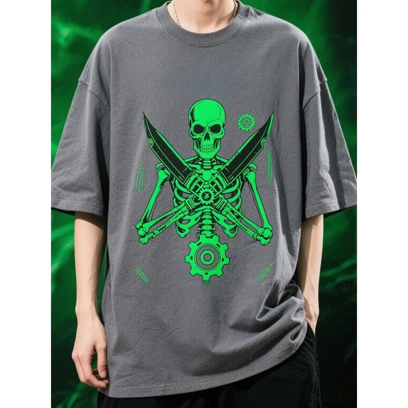 

Свободная футболка для взрослых MOTO-Summer: неоновая графика черепа, быстросохнущая и удобная