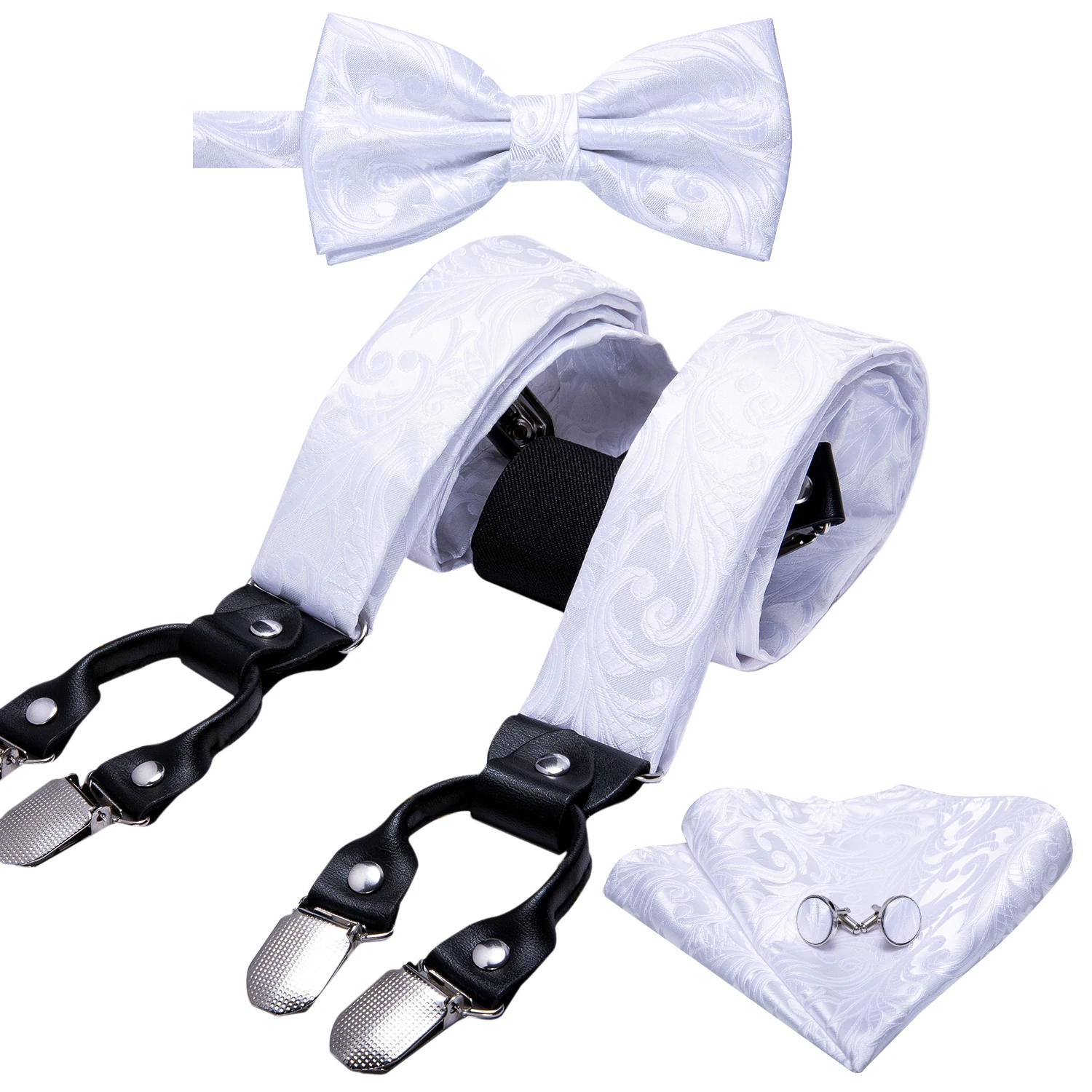 Barry.Wang-Suspender De Seda Jacquard Masculino, Aparelho Traseiro, Laço, Bolso, Conjunto De Abotoaduras Quadradas, 6 Clips, Casamento, Presente Empresarial, Masculino