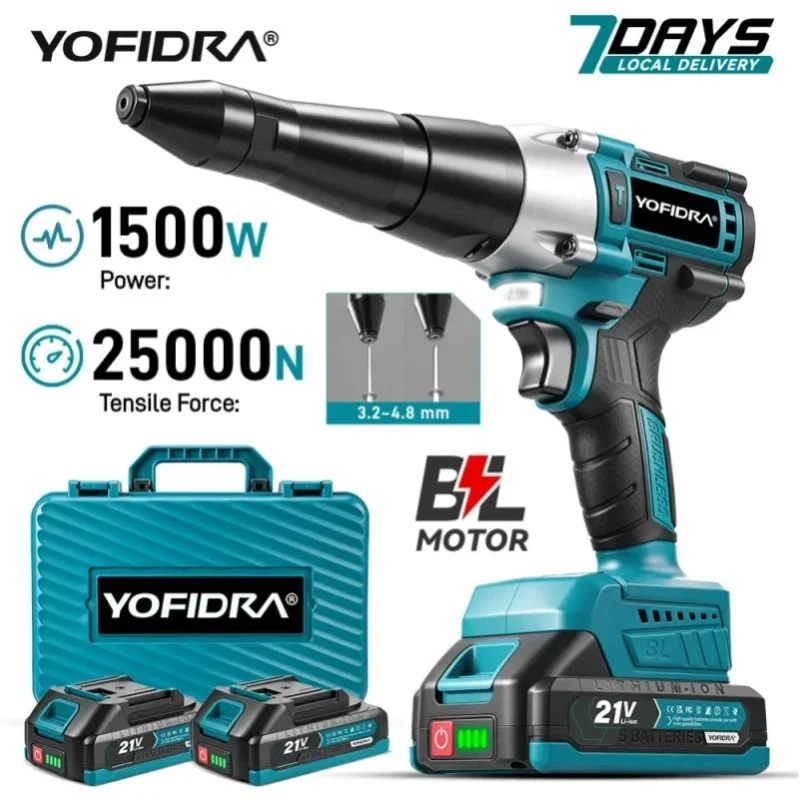 YOFIDRA 25000N Bürstenloser Elektrischer Nietpistole 3,2~4,8mm Kabelloser Nietmutternschrauber Bohrwerkzeug für Makita 21V Akku