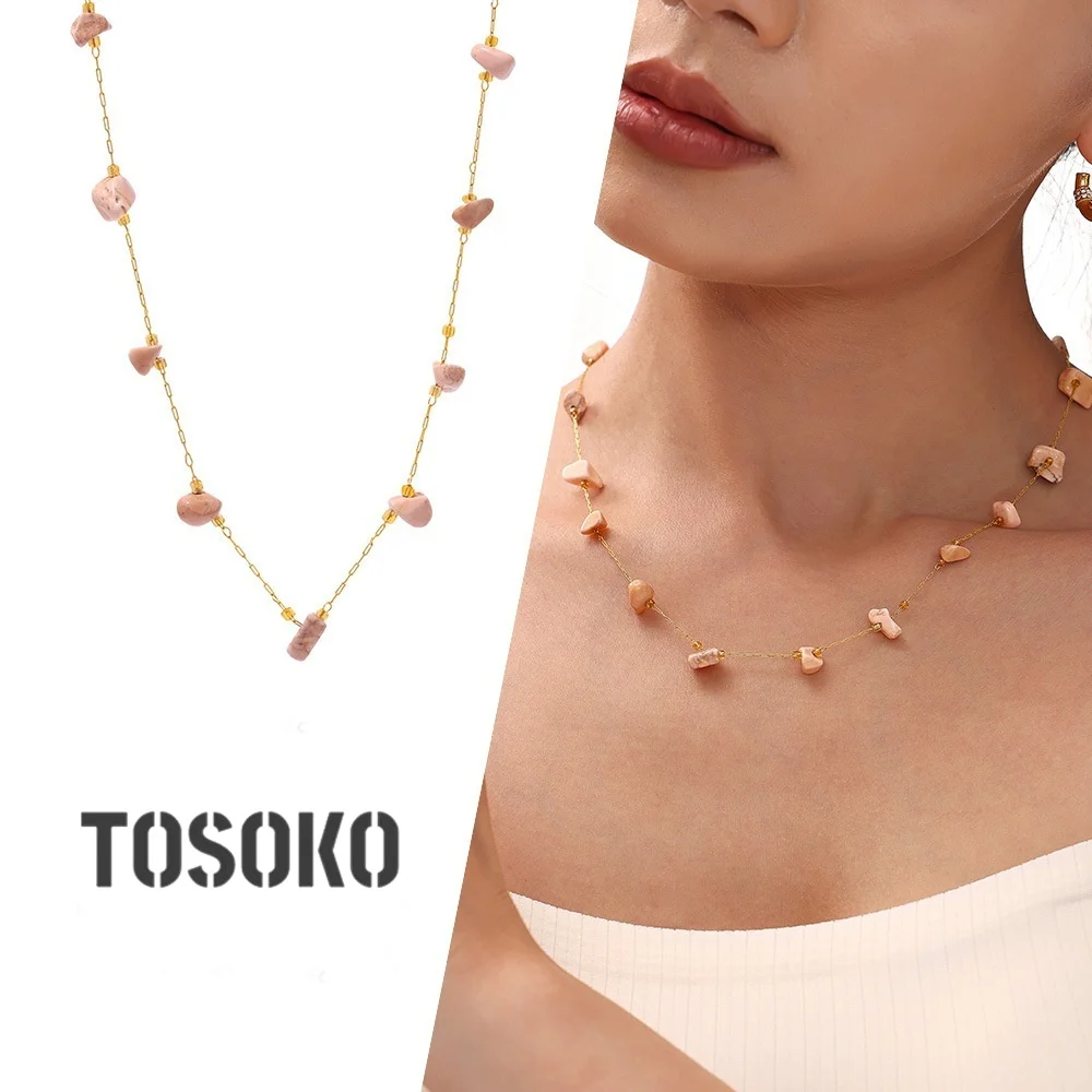

TOSOKO New Fresh And Colorful Natural Stone Necklace Stainless Steel Candy Color Jewelry for Women P2155