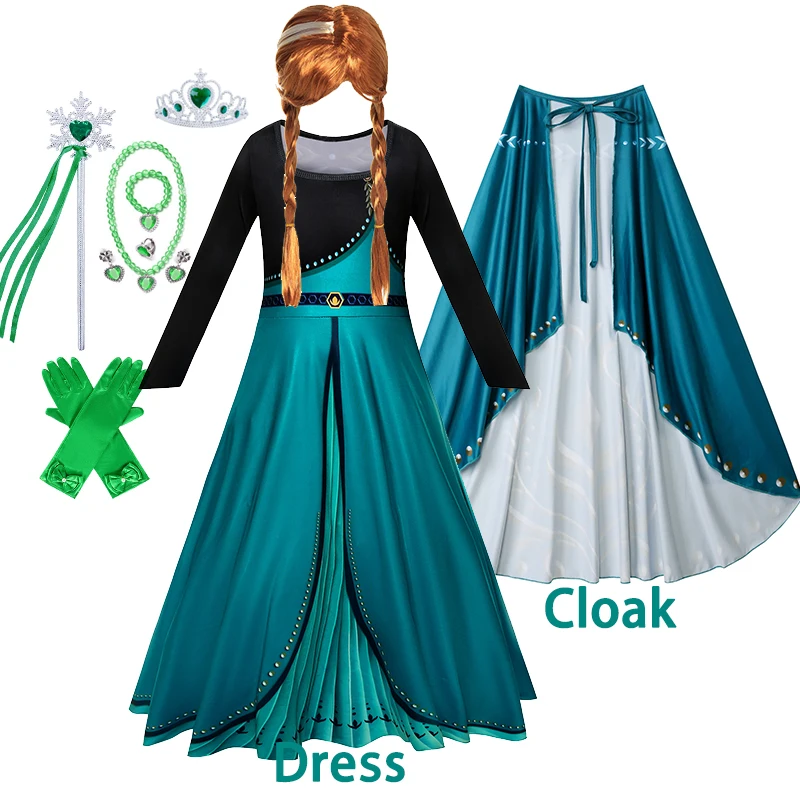 Robes de soirée élégantes pour filles, Costume de princesse Anna, robe vert foncé avec cape, vêtements de fête de carnaval et d'anniversaire pour enfants