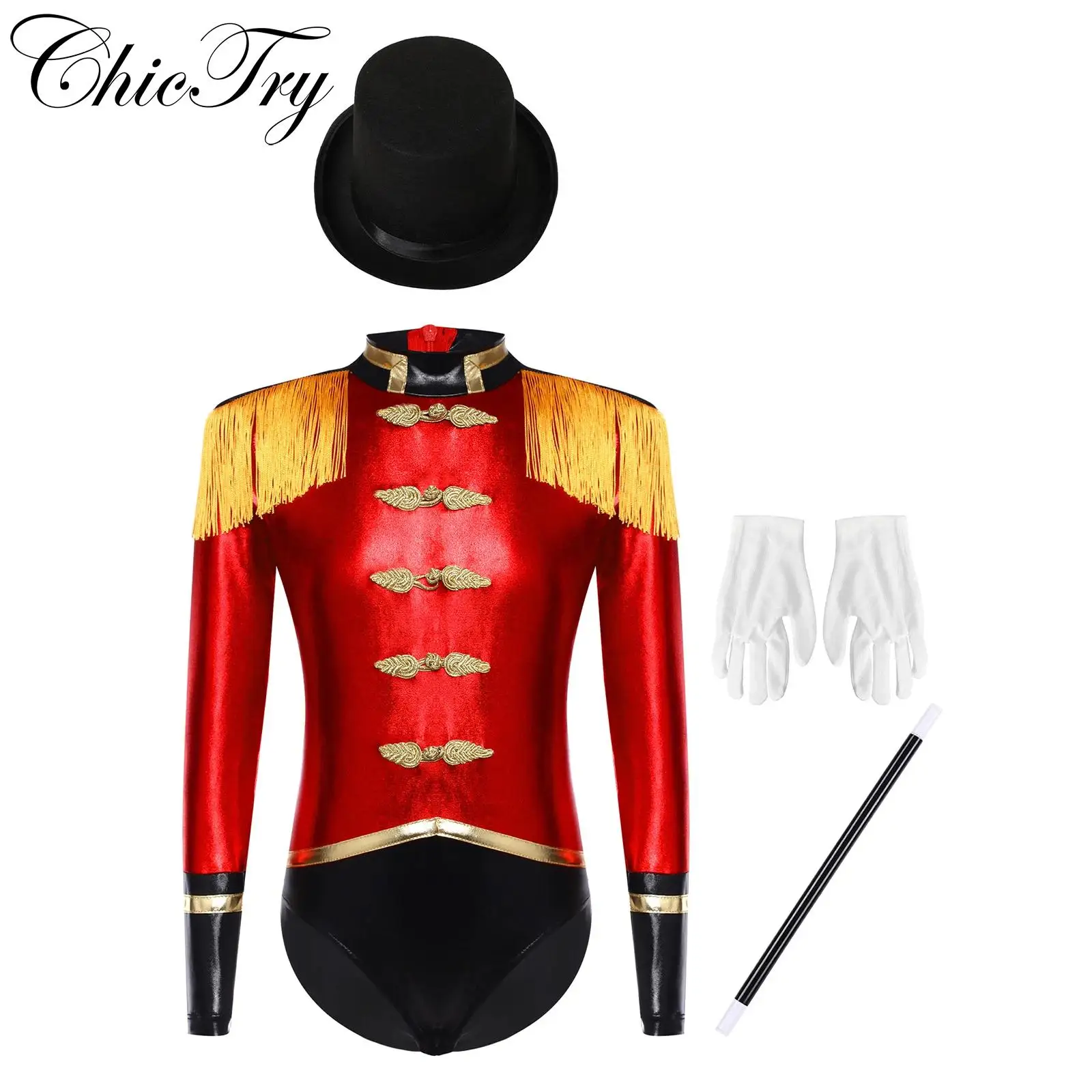 

Kids Girls Circus Ringmaster Costume Magician Lion Tamer Halloween Cosplay Leotard with Hat Magic Wand Gloves Carnival Dress Up