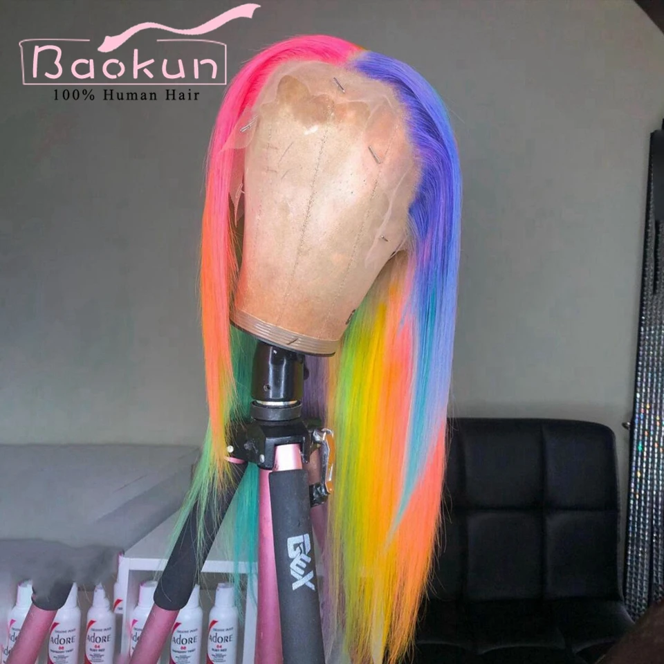 Perruque Lace Frontal Wig naturelle lisse à reflets colorés arc-en-ciel, 13x6 HD, vert rose, 13x4, partie libre, pour femmes