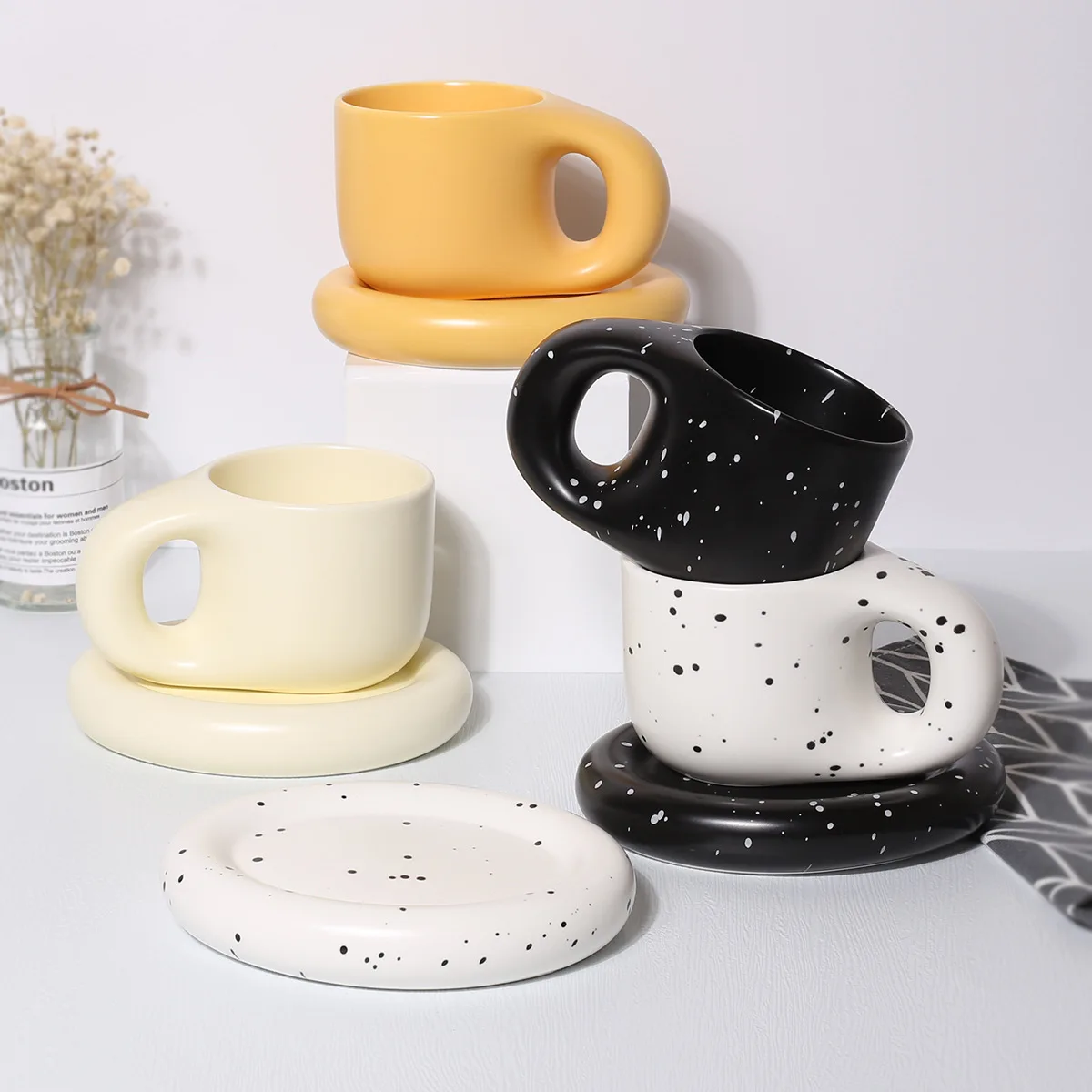 400ml Ink Splash Fat Handle Mug Creative Nordic Oval Plate Personalized Ceramic Cup Saucer Coffee Tea Milk Cake Mug Cup Set