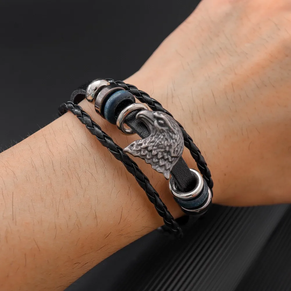 Alloy Eagle Head Design Multilayer Handmade Wove Leather Bracelet Vintage Men Casual Fashion Hand Chian Jewelry Accessory Gift