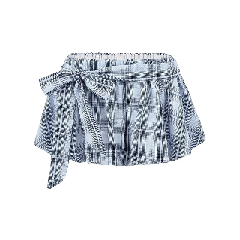 KEYANKETIAN 2025 Letnia nowa damska mini spódniczka w kratę w stylu preppy z kokardką i elastyczną talią A Line Puffy Skirt Fashion Pantskirt