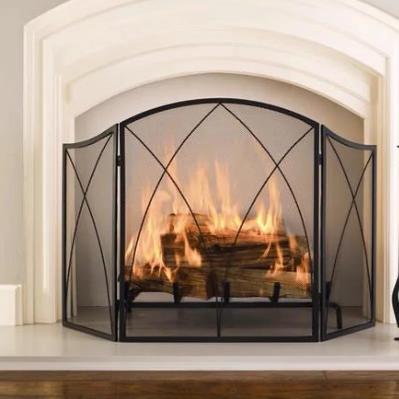 Trifold wrought iron fireplace partition screen with mesh fireproof fireplace door decorative heater fireplace fence