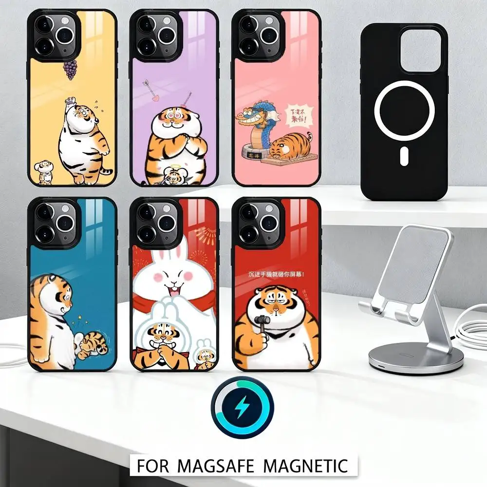 

F-Fluffy C-Chubby Tiger Cartoon Phone Case Magnetic For iPhone17 16 15 14 13 12 Pro Max For Magsafe Wireless Charging Cover