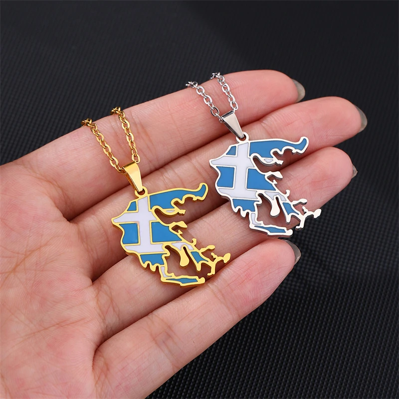 New Enamel Greece Map and Flag Pendants Necklaces Silver Color/Gold Color Greek Jewelry Patriotic Ethnic Party Charm Jewelry