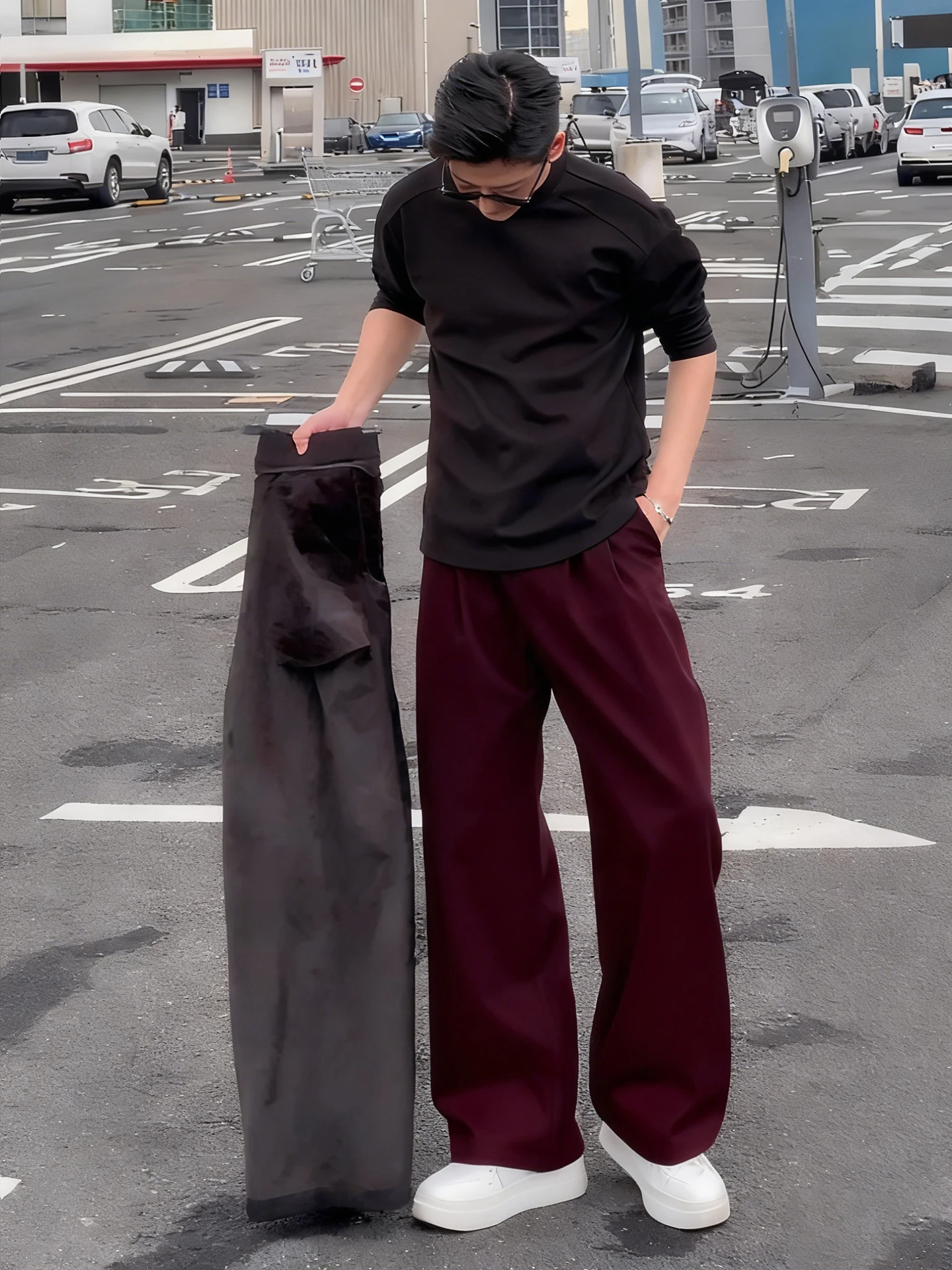 

Red Wine Color Fce Lined Trousers Men's Winter Drape High End Feel Wide Leg Casual Pants American Sle Polyester Fiber