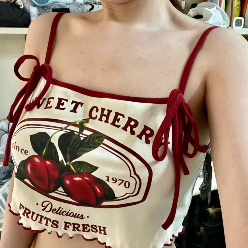 Dacron Sweet Cherry Print Tops Sexy Cute Vintage Tank Bow Short Sleeve