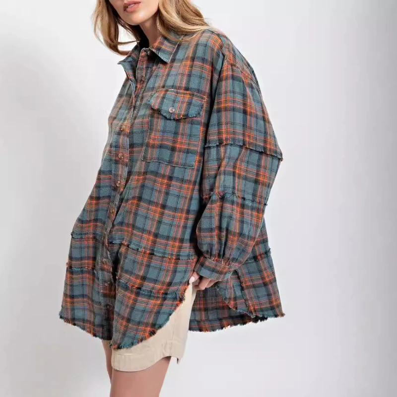 Women Shirt Plaid Blouses Turn Down Collar Y2k Streetwear Casual Loose Tops Shirts Elegant Beach Single Breasted 2025 Spring