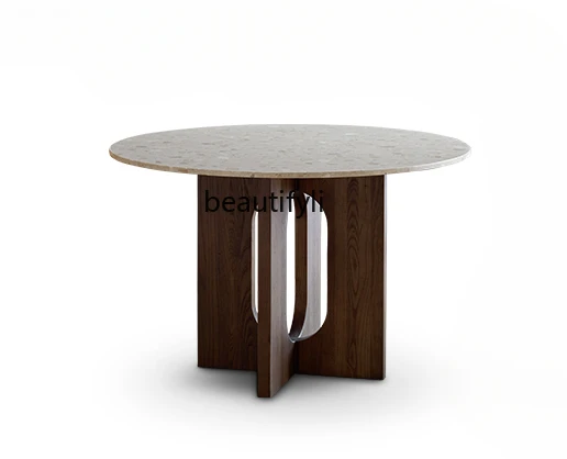 Medieval round dining table ash wood solid wood dining table small apartment retro terrazzo dining table