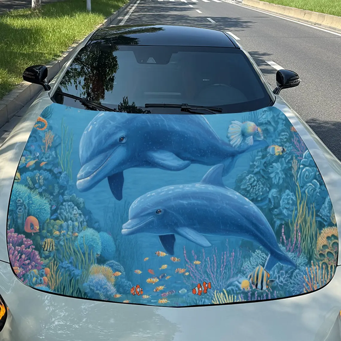 

Cheerful Underwater Dolphin Artistic Floral Dragon Car Hood Stickers - Self-Adhesive, Waterproof and Durable Vinyl Wrap, Decorat