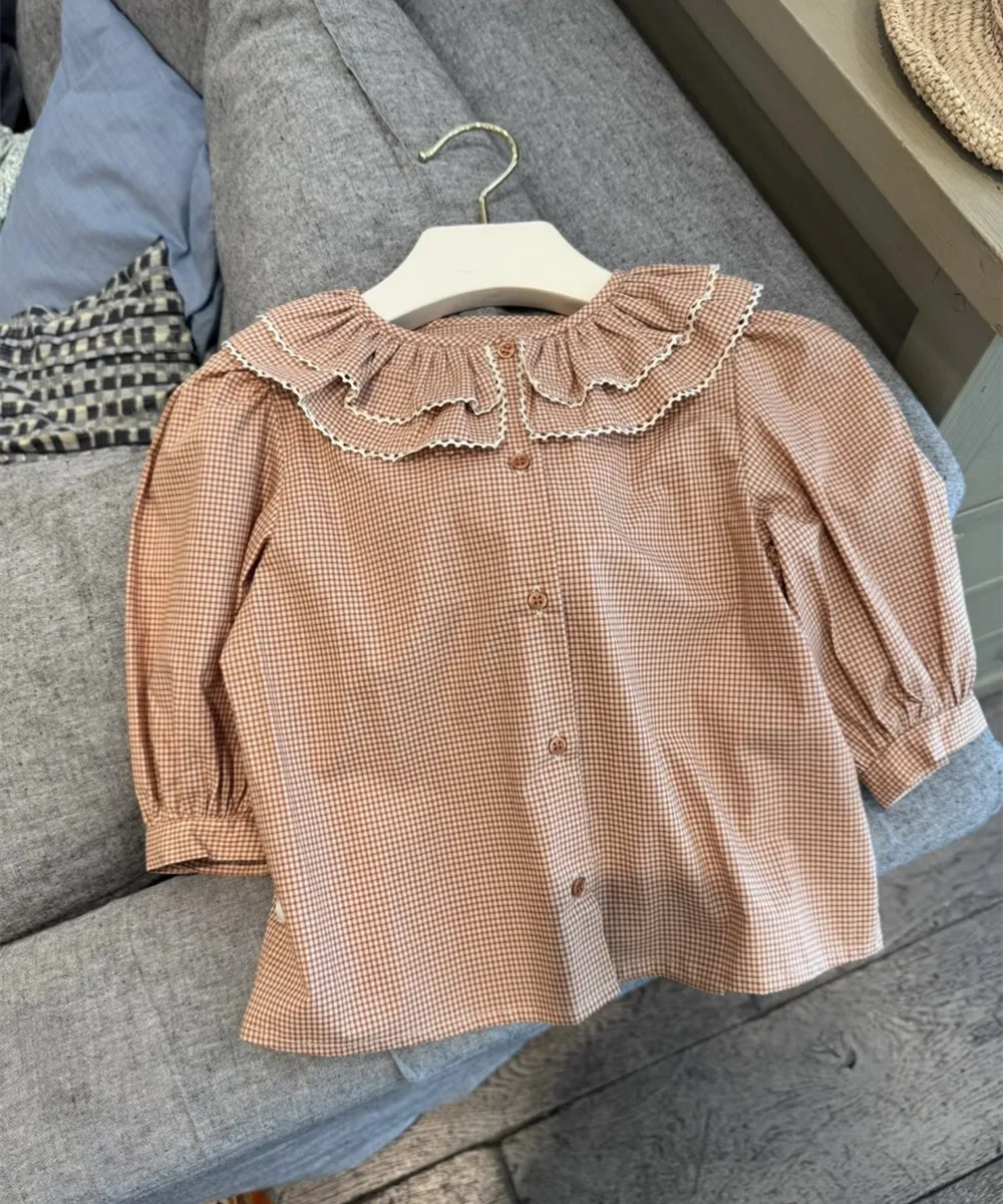 

spring kids girl clothes baby blouse checkered pattern Girls' long-sleeved shirt double-layer collar Girls' sweet top